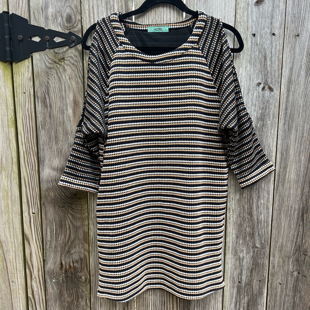 KARLIE Navy Tan Stripe Split Sleeve shift Dress Women’s Medium
